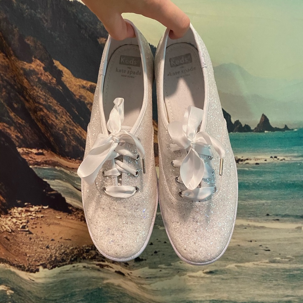 kate spade white silver glitter new bridal keds!